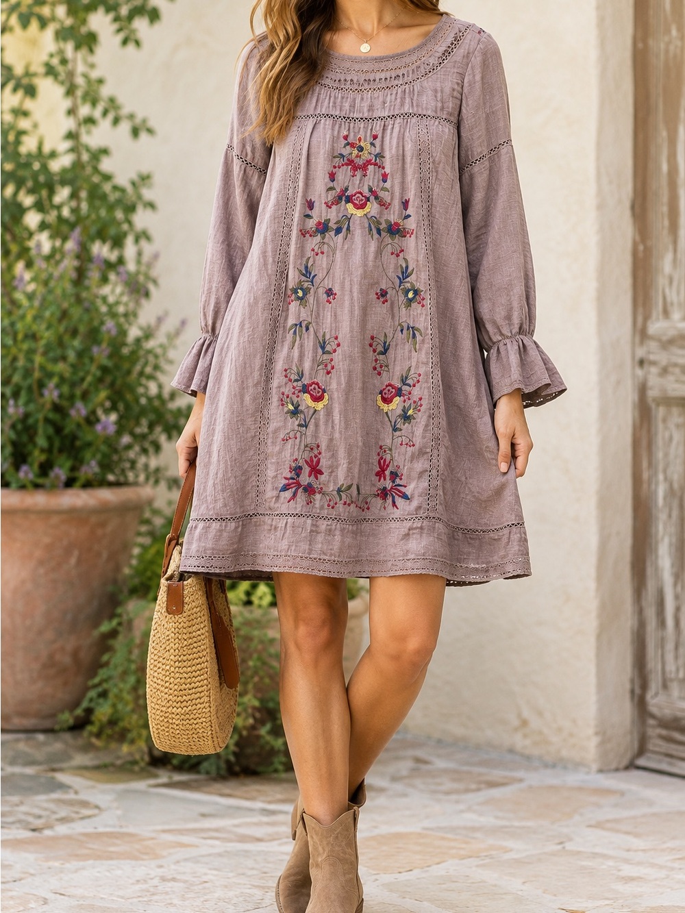 Umgee Women's Embroidered Boho Dress Taupe Floral Lace Trim Long Sleeve